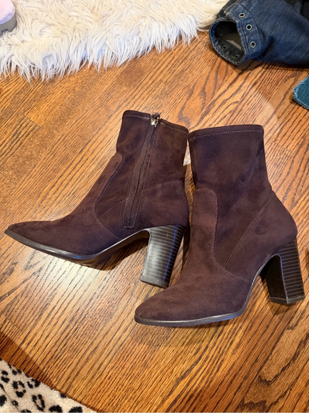 Nine West Dark Brown Suede Block Heel Ankle Boots